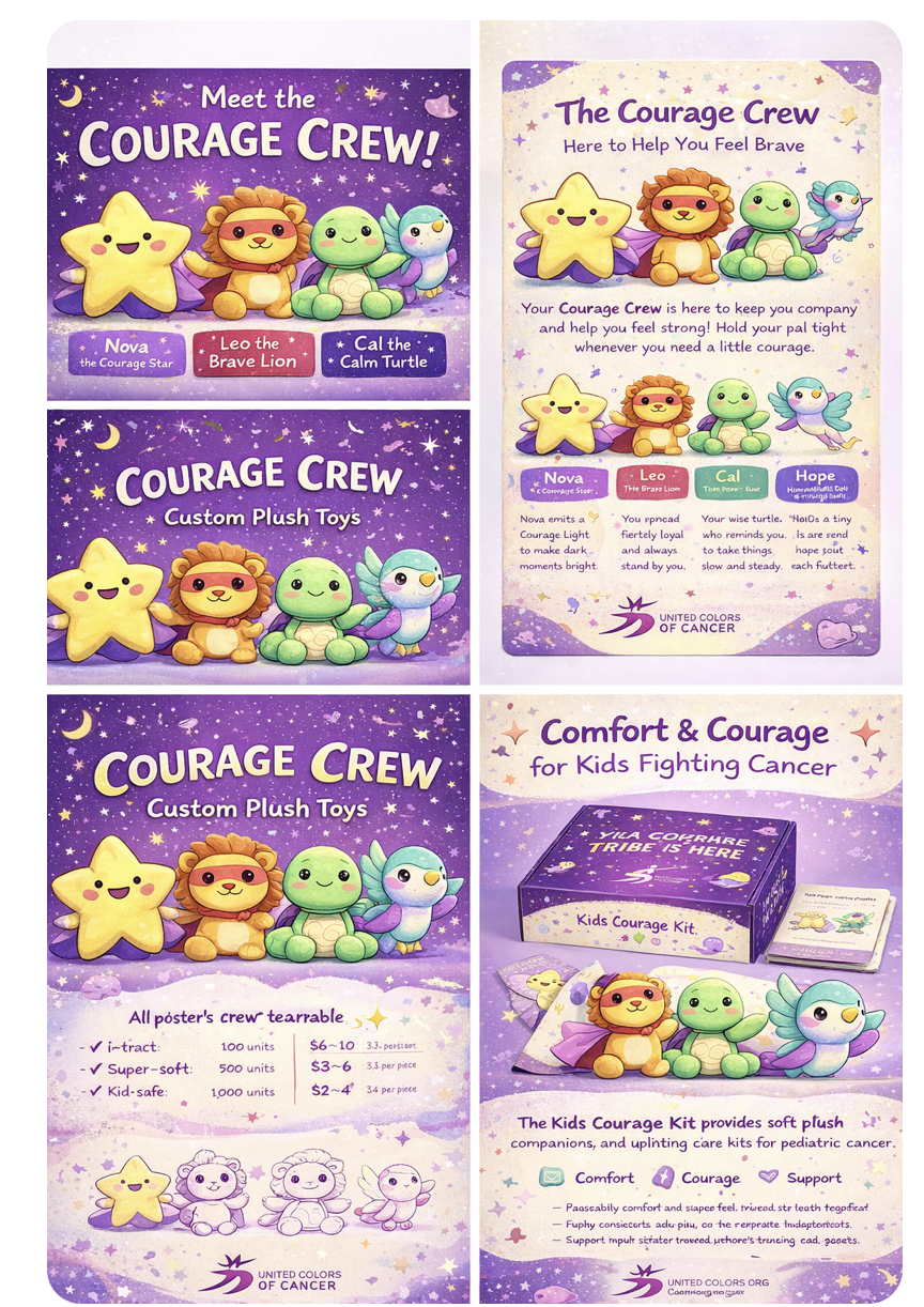 The Courage Crew plush toy collection and Kids Courage Kit packaging mockups