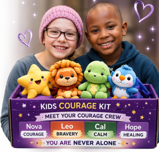 Two smiling children holding Nova, Leo, Cal, and Hope plush Kindlings from the Kids Courage Kit